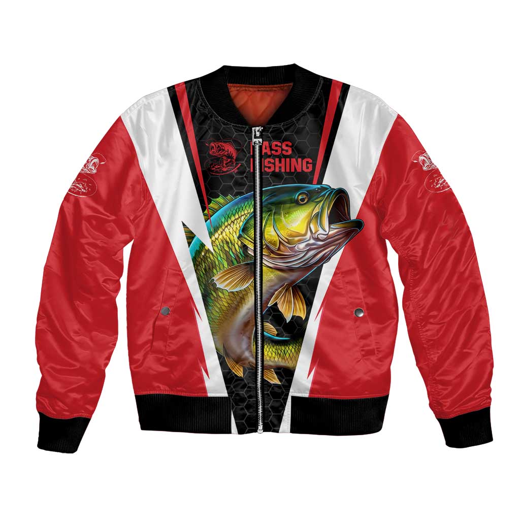 Bass Fishing Personalized Bomber Jacket Bold Red and Black Lightning Pattern and Honeycomb Background - Wonder Print Shop