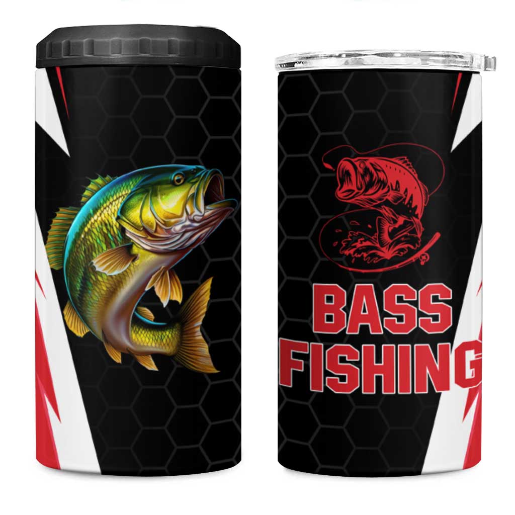 Bass Fishing Personalized 4 in 1 Can Cooler Tumbler Bold Red and Black Lightning Pattern and Honeycomb Background - Wonder Print Shop