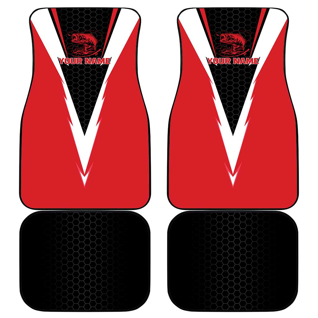 Bass Fishing Personalized Car Mats Bold Red and Black Lightning Pattern and Honeycomb Background - Wonder Print Shop