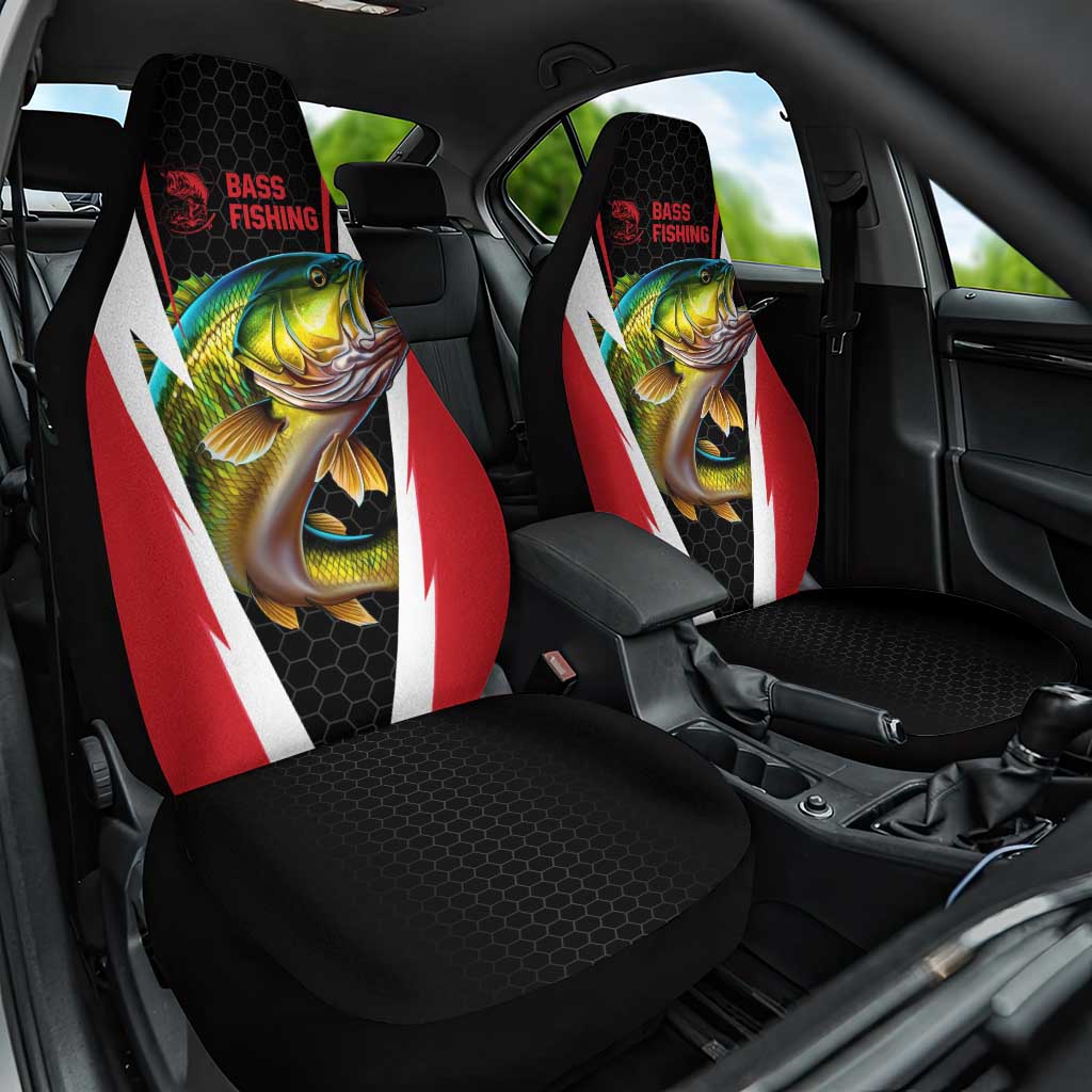 Bass Fishing Personalized Car Seat Cover Bold Red and Black Lightning Pattern and Honeycomb Background - Wonder Print Shop