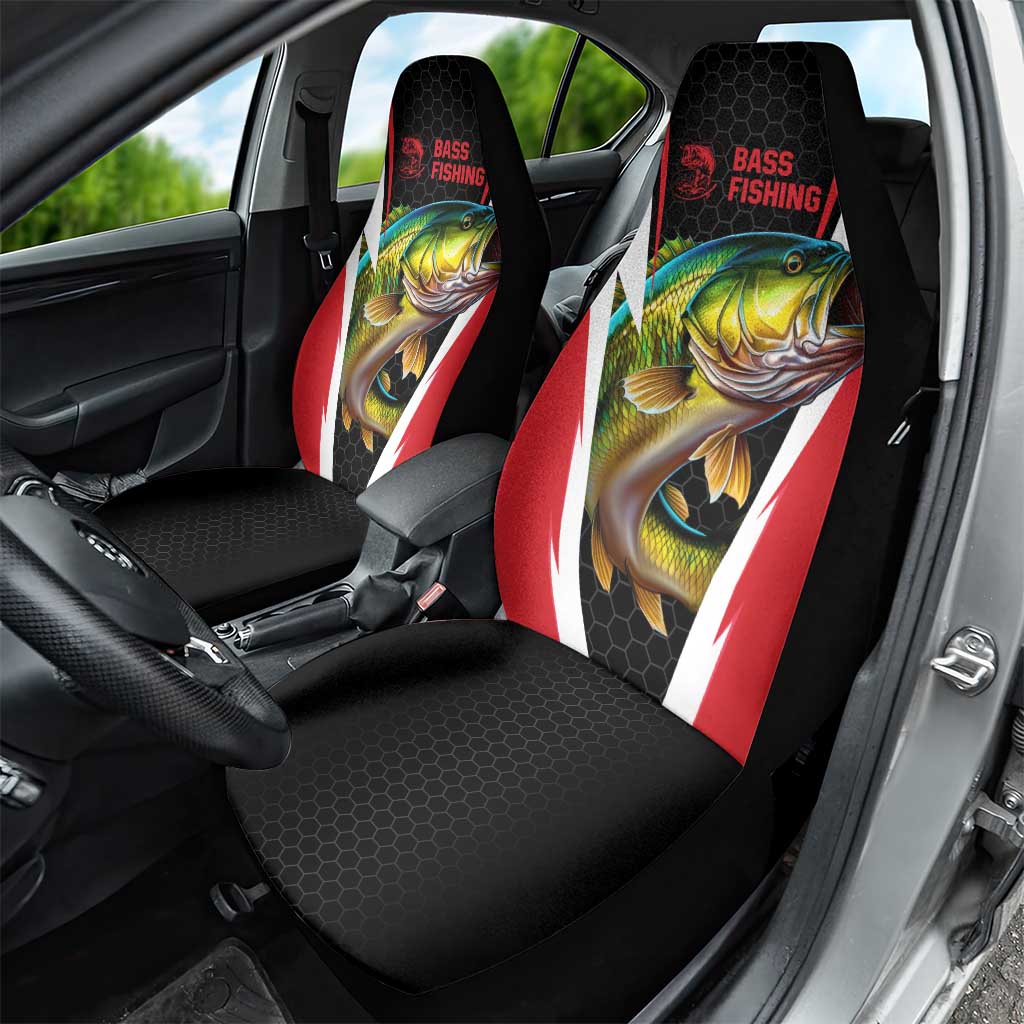 Bass Fishing Personalized Car Seat Cover Bold Red and Black Lightning Pattern and Honeycomb Background - Wonder Print Shop