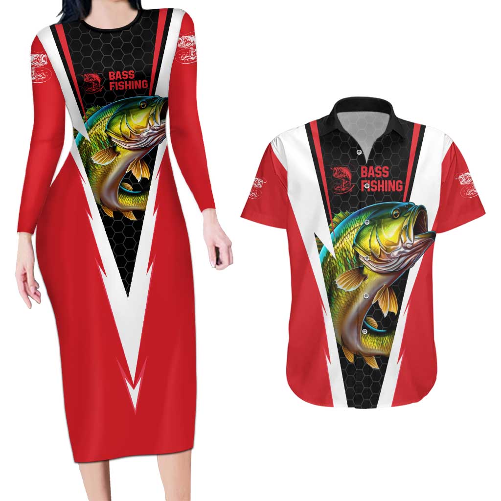 Bass Fishing Personalized Couples Matching Long Sleeve Bodycon Dress and Hawaiian Shirt Bold Red and Black Lightning Pattern and Honeycomb Background - Wonder Print Shop