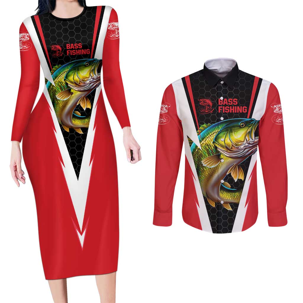 Bass Fishing Personalized Couples Matching Long Sleeve Bodycon Dress and Long Sleeve Button Shirt Bold Red and Black Lightning Pattern and Honeycomb Background - Wonder Print Shop