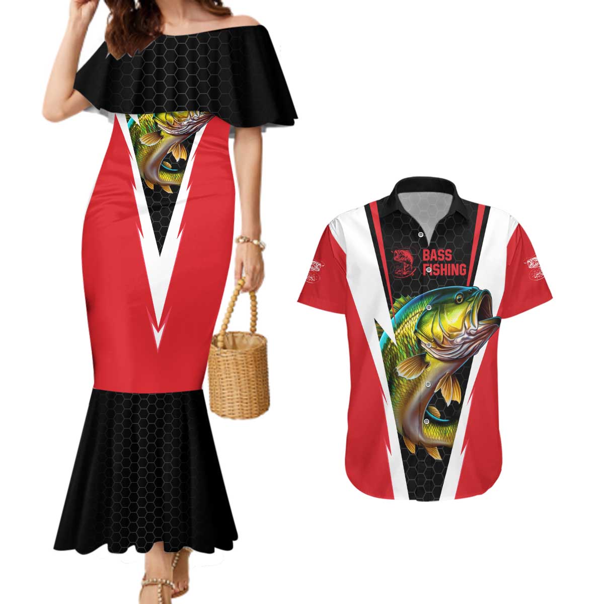 Bass Fishing Personalized Couples Matching Mermaid Dress and Hawaiian Shirt Bold Red and Black Lightning Pattern and Honeycomb Background - Wonder Print Shop