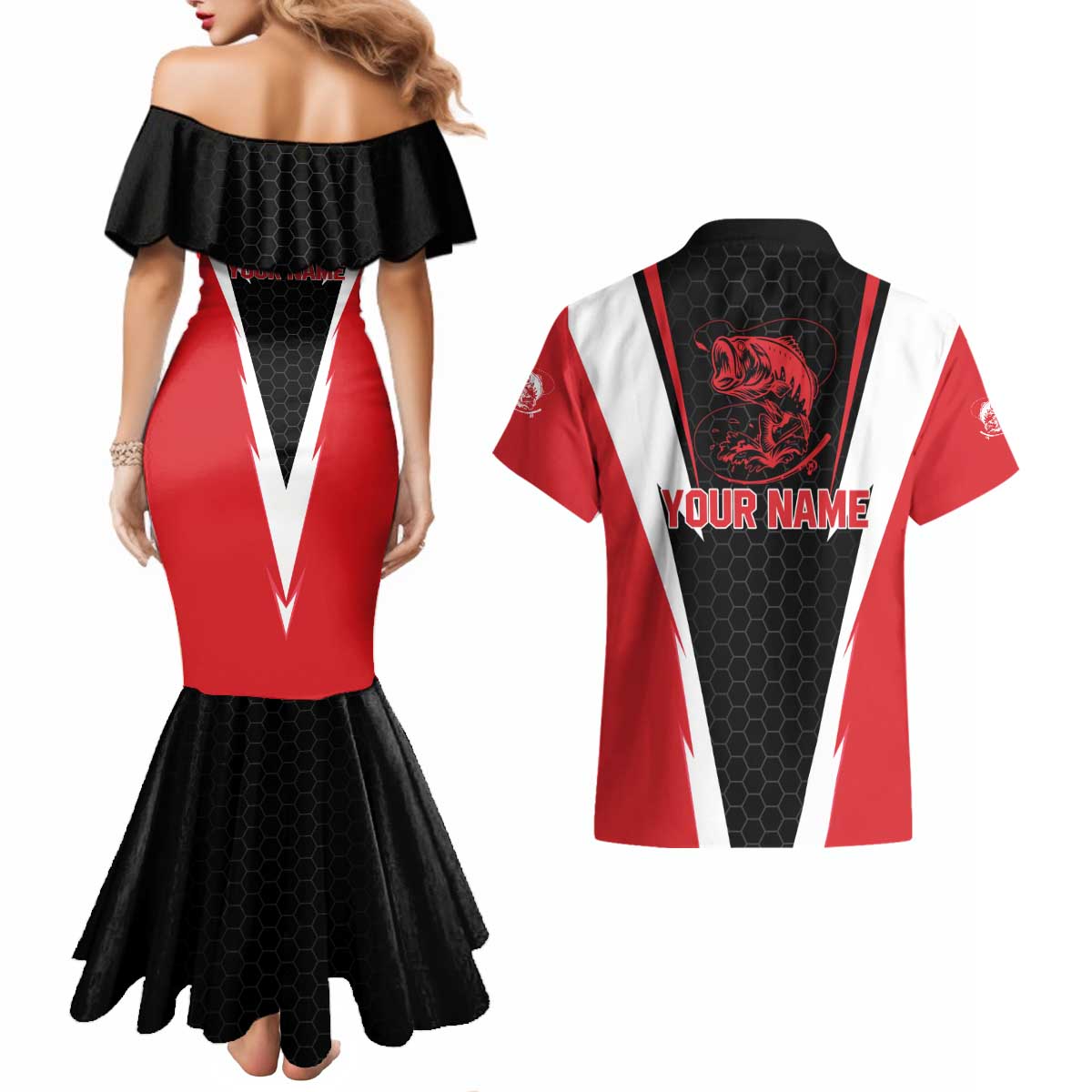 Bass Fishing Personalized Couples Matching Mermaid Dress and Hawaiian Shirt Bold Red and Black Lightning Pattern and Honeycomb Background - Wonder Print Shop