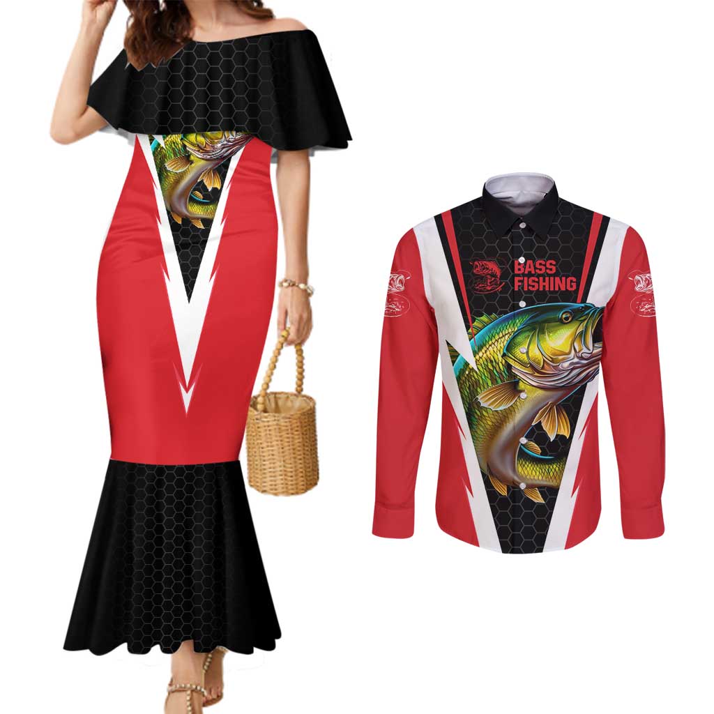 Bass Fishing Personalized Couples Matching Mermaid Dress and Long Sleeve Button Shirt Bold Red and Black Lightning Pattern and Honeycomb Background - Wonder Print Shop