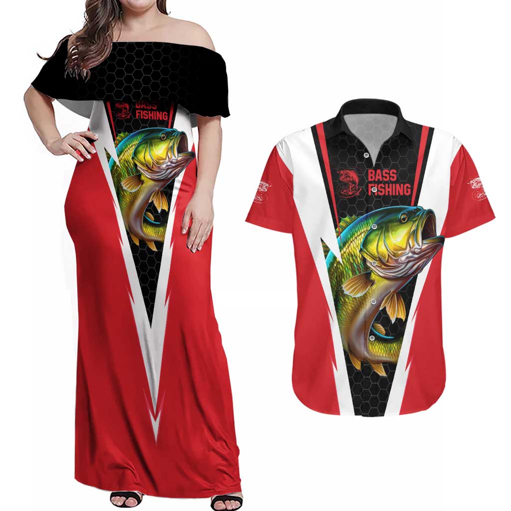 Bass Fishing Personalized Couples Matching Off Shoulder Maxi Dress and Hawaiian Shirt Bold Red and Black Lightning Pattern and Honeycomb Background - Wonder Print Shop