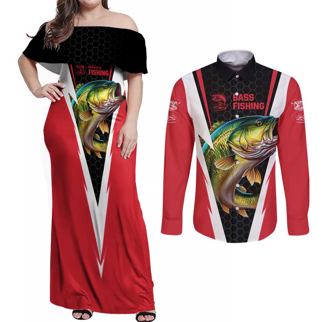 Bass Fishing Personalized Couples Matching Off Shoulder Maxi Dress and Long Sleeve Button Shirt Bold Red and Black Lightning Pattern and Honeycomb Background - Wonder Print Shop