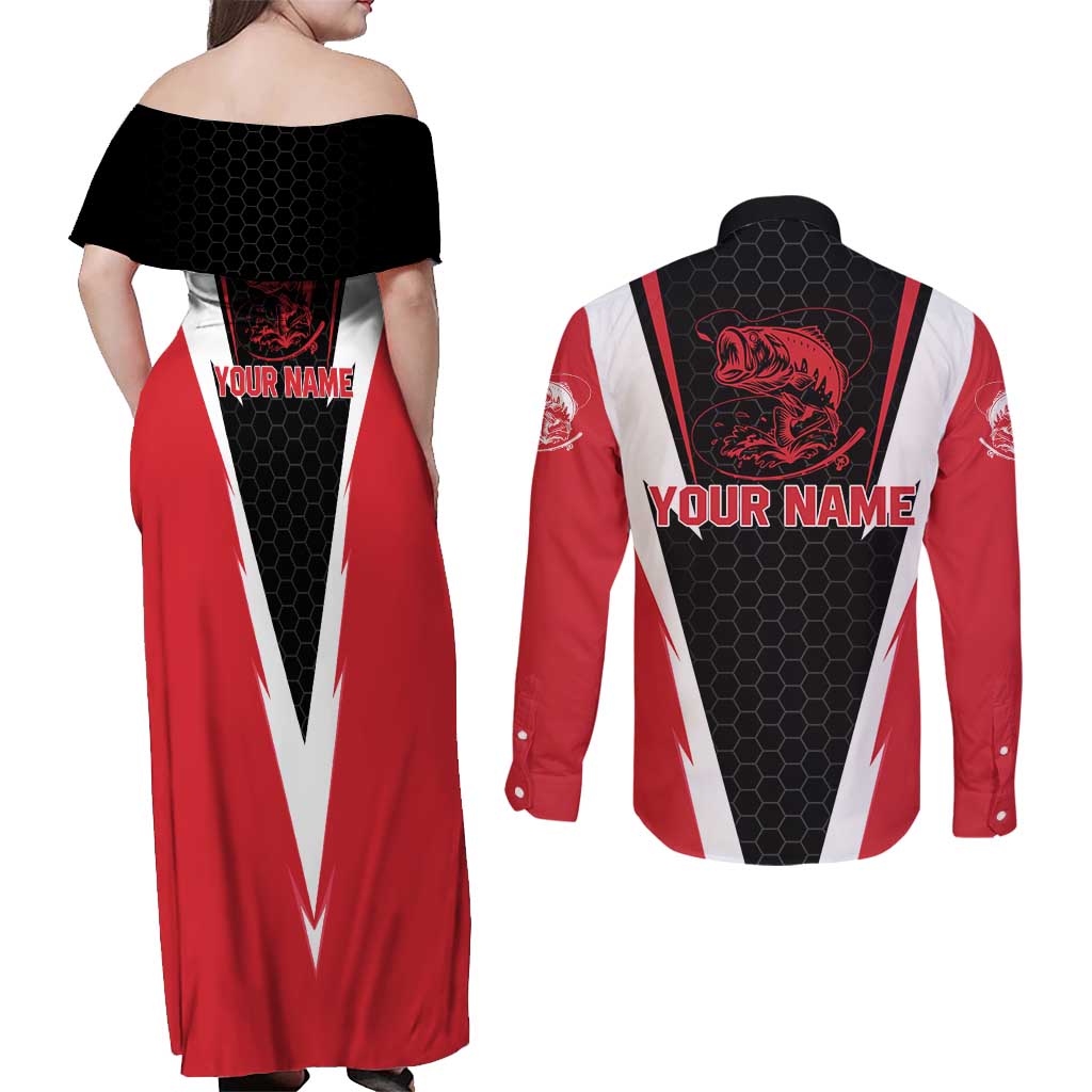 Bass Fishing Personalized Couples Matching Off Shoulder Maxi Dress and Long Sleeve Button Shirt Bold Red and Black Lightning Pattern and Honeycomb Background - Wonder Print Shop