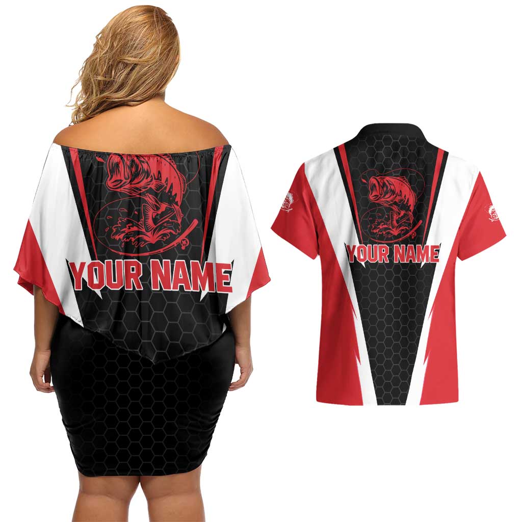 Bass Fishing Personalized Couples Matching Off Shoulder Short Dress and Hawaiian Shirt Bold Red and Black Lightning Pattern and Honeycomb Background - Wonder Print Shop