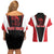 Bass Fishing Personalized Couples Matching Off Shoulder Short Dress and Hawaiian Shirt Bold Red and Black Lightning Pattern and Honeycomb Background - Wonder Print Shop