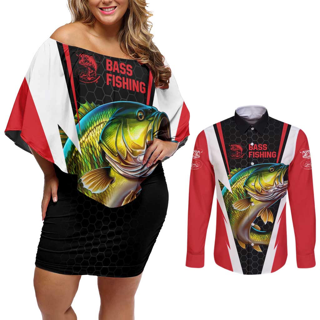 Bass Fishing Personalized Couples Matching Off Shoulder Short Dress and Long Sleeve Button Shirt Bold Red and Black Lightning Pattern and Honeycomb Background - Wonder Print Shop