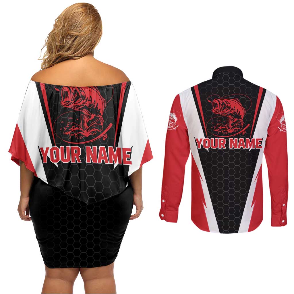 Bass Fishing Personalized Couples Matching Off Shoulder Short Dress and Long Sleeve Button Shirt Bold Red and Black Lightning Pattern and Honeycomb Background - Wonder Print Shop