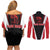 Bass Fishing Personalized Couples Matching Off Shoulder Short Dress and Long Sleeve Button Shirt Bold Red and Black Lightning Pattern and Honeycomb Background - Wonder Print Shop