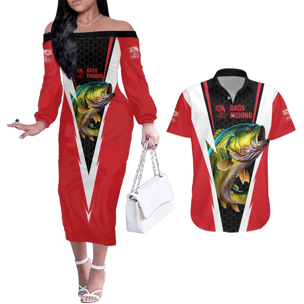 Bass Fishing Personalized Couples Matching Off The Shoulder Long Sleeve Dress and Hawaiian Shirt Bold Red and Black Lightning Pattern and Honeycomb Background - Wonder Print Shop