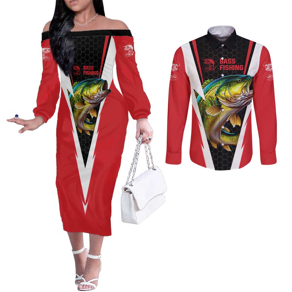 Bass Fishing Personalized Couples Matching Off The Shoulder Long Sleeve Dress and Long Sleeve Button Shirt Bold Red and Black Lightning Pattern and Honeycomb Background - Wonder Print Shop