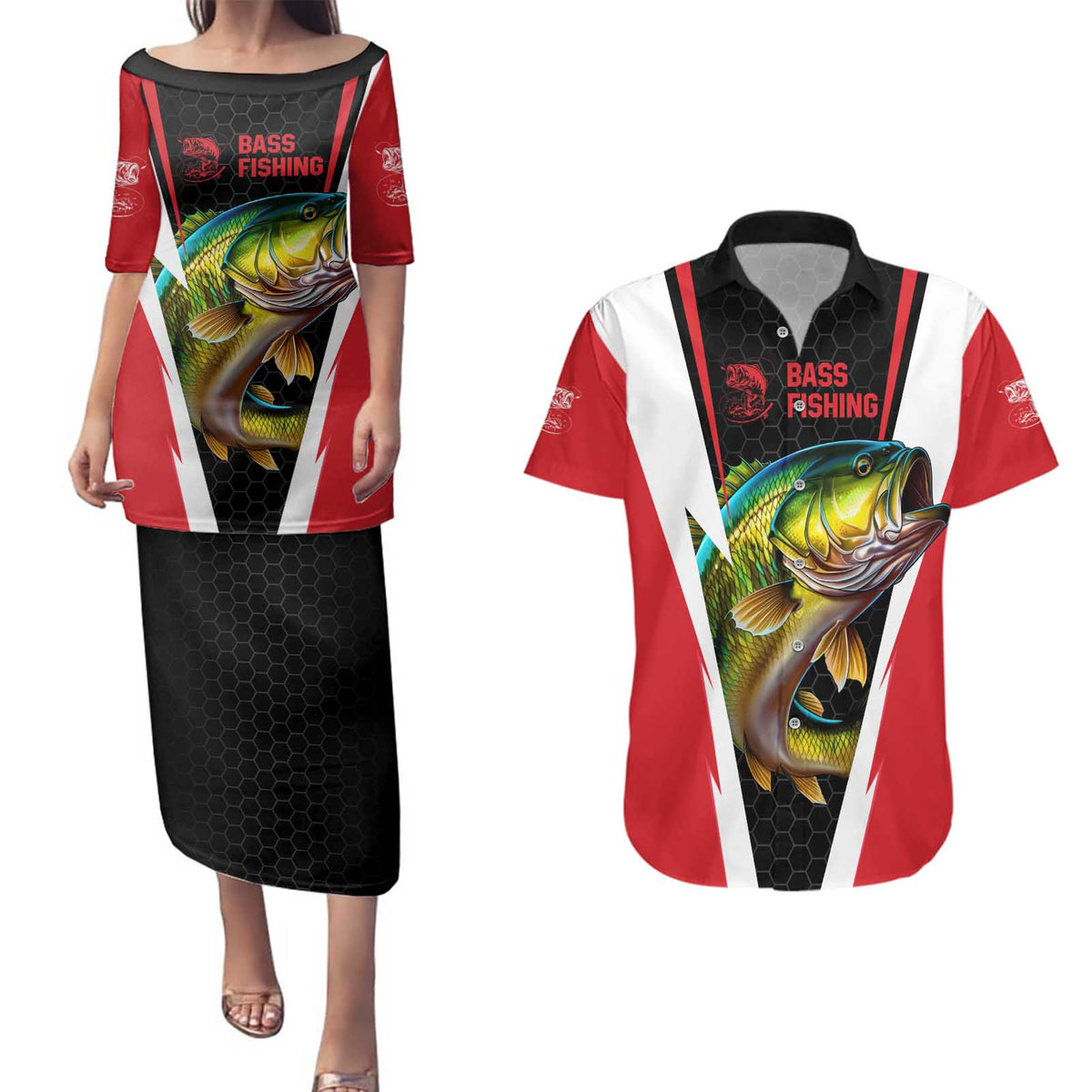 Bass Fishing Personalized Couples Matching Puletasi and Hawaiian Shirt Bold Red and Black Lightning Pattern and Honeycomb Background - Wonder Print Shop
