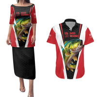 Bass Fishing Personalized Couples Matching Puletasi and Hawaiian Shirt Bold Red and Black Lightning Pattern and Honeycomb Background - Wonder Print Shop