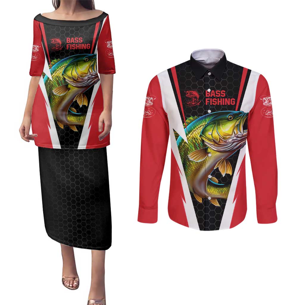 Bass Fishing Personalized Couples Matching Puletasi and Long Sleeve Button Shirt Bold Red and Black Lightning Pattern and Honeycomb Background - Wonder Print Shop