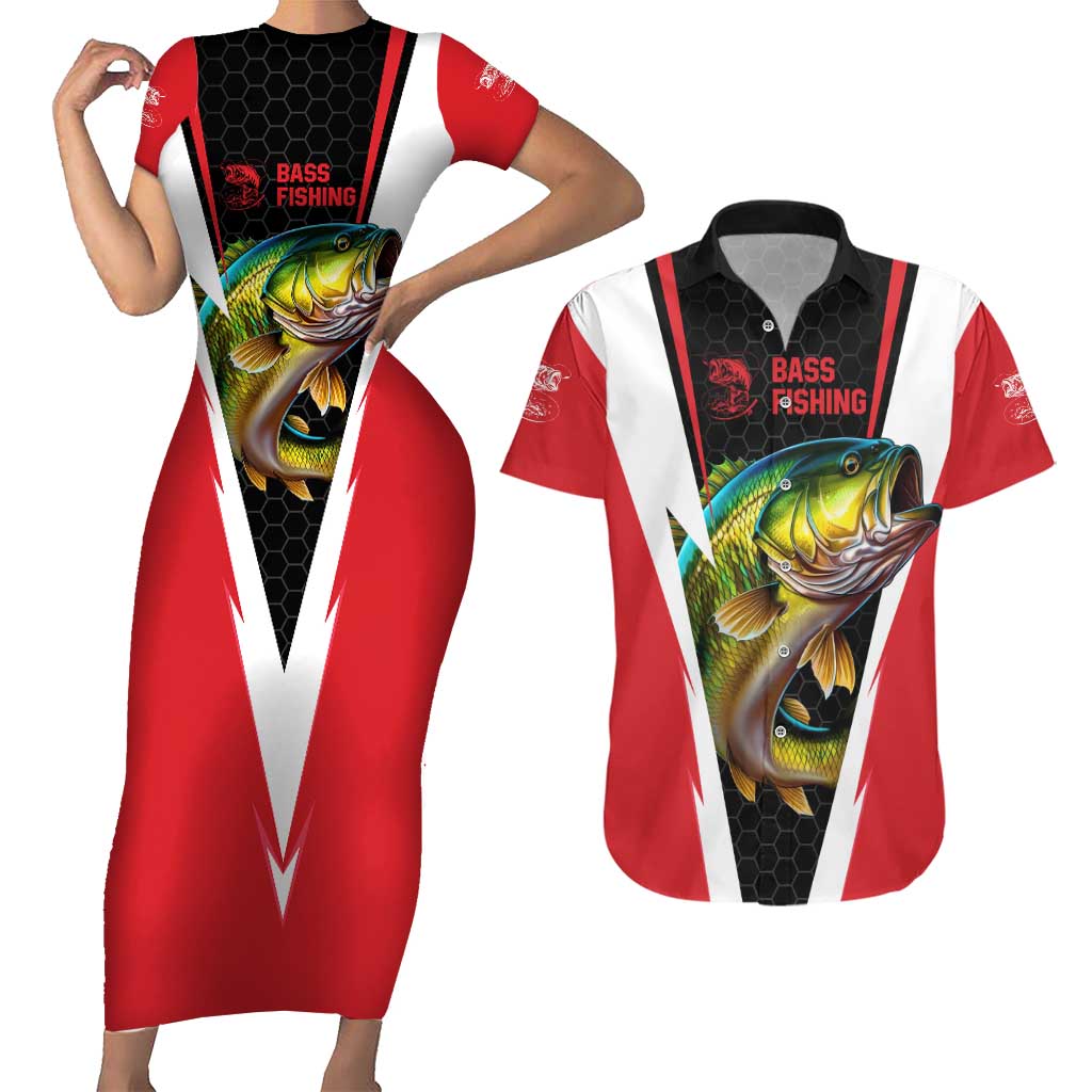 Bass Fishing Personalized Couples Matching Short Sleeve Bodycon Dress and Hawaiian Shirt Bold Red and Black Lightning Pattern and Honeycomb Background - Wonder Print Shop