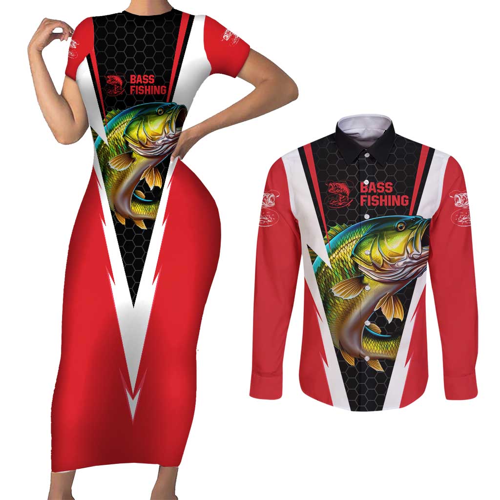 Bass Fishing Personalized Couples Matching Short Sleeve Bodycon Dress and Long Sleeve Button Shirt Bold Red and Black Lightning Pattern and Honeycomb Background - Wonder Print Shop