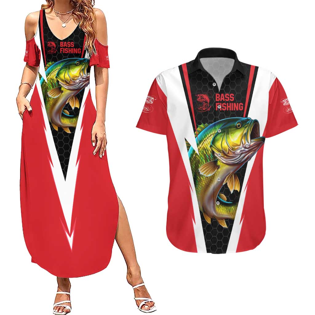 Bass Fishing Personalized Couples Matching Summer Maxi Dress and Hawaiian Shirt Bold Red and Black Lightning Pattern and Honeycomb Background - Wonder Print Shop