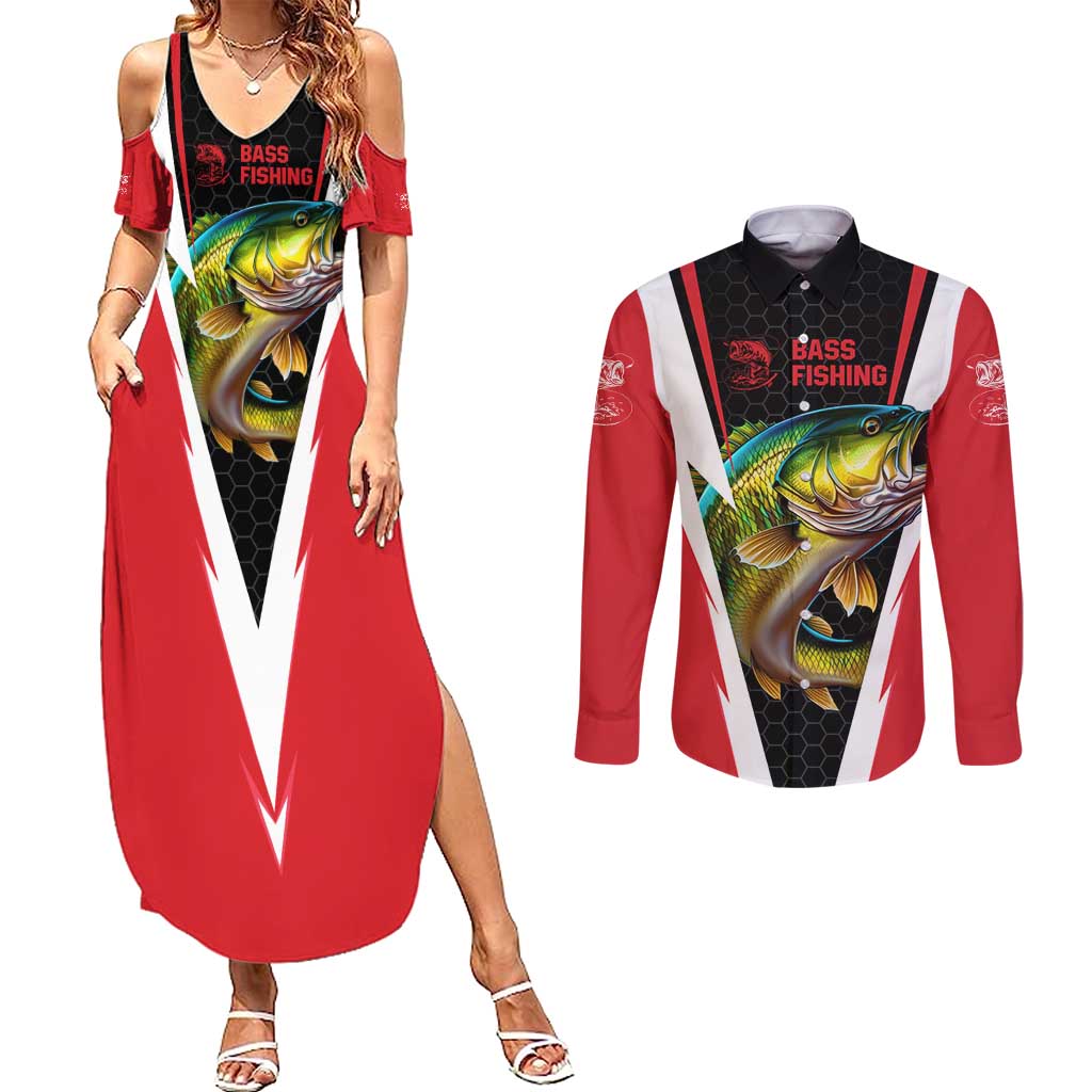 Bass Fishing Personalized Couples Matching Summer Maxi Dress and Long Sleeve Button Shirt Bold Red and Black Lightning Pattern and Honeycomb Background - Wonder Print Shop