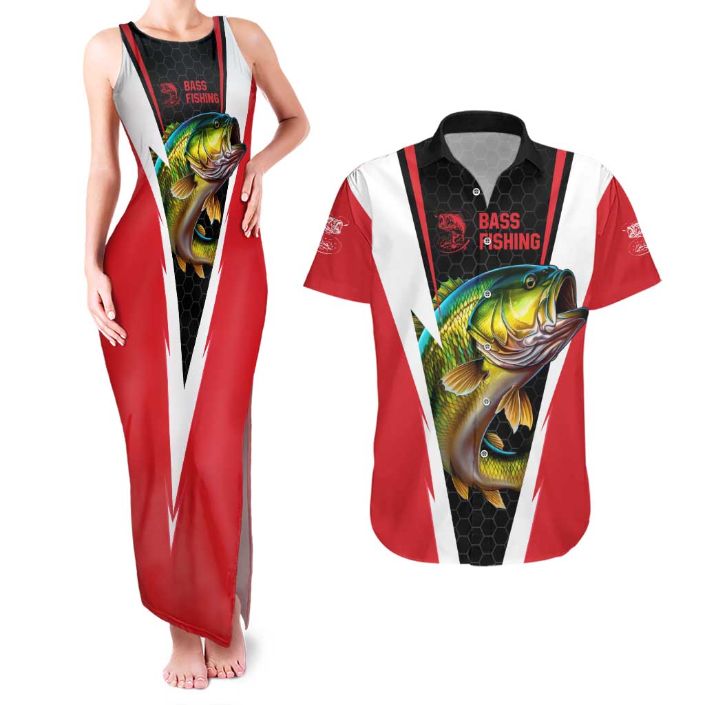Bass Fishing Personalized Couples Matching Tank Maxi Dress and Hawaiian Shirt Bold Red and Black Lightning Pattern and Honeycomb Background - Wonder Print Shop