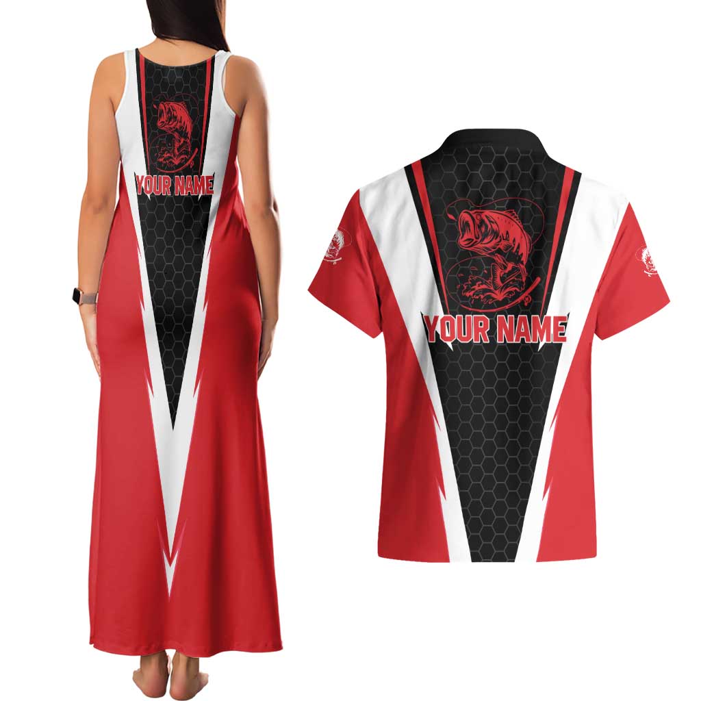 Bass Fishing Personalized Couples Matching Tank Maxi Dress and Hawaiian Shirt Bold Red and Black Lightning Pattern and Honeycomb Background - Wonder Print Shop