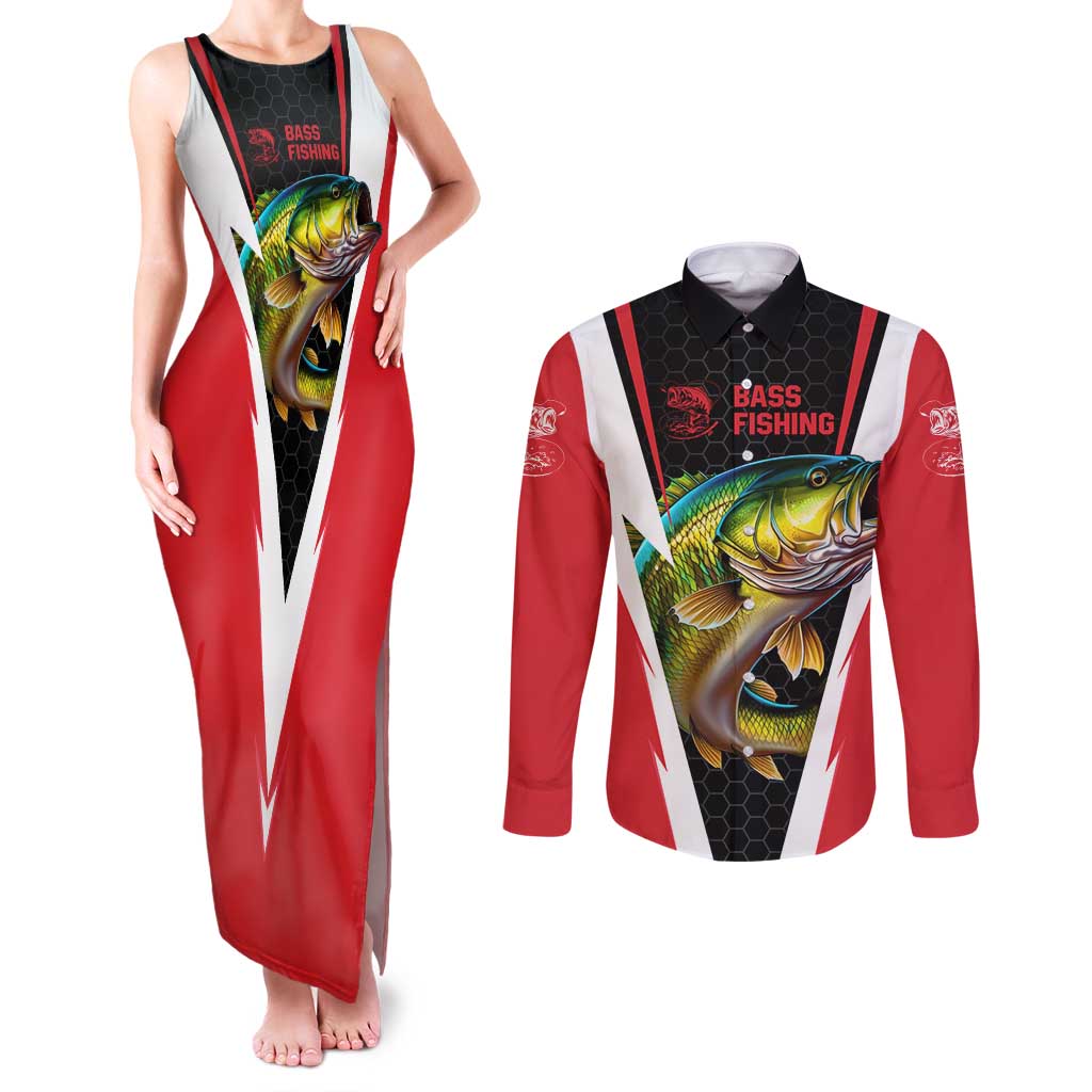Bass Fishing Personalized Couples Matching Tank Maxi Dress and Long Sleeve Button Shirt Bold Red and Black Lightning Pattern and Honeycomb Background - Wonder Print Shop