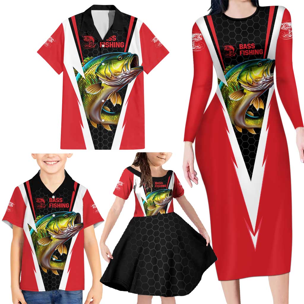 Bass Fishing Personalized Family Matching Long Sleeve Bodycon Dress and Hawaiian Shirt Bold Red and Black Lightning Pattern and Honeycomb Background - Wonder Print Shop