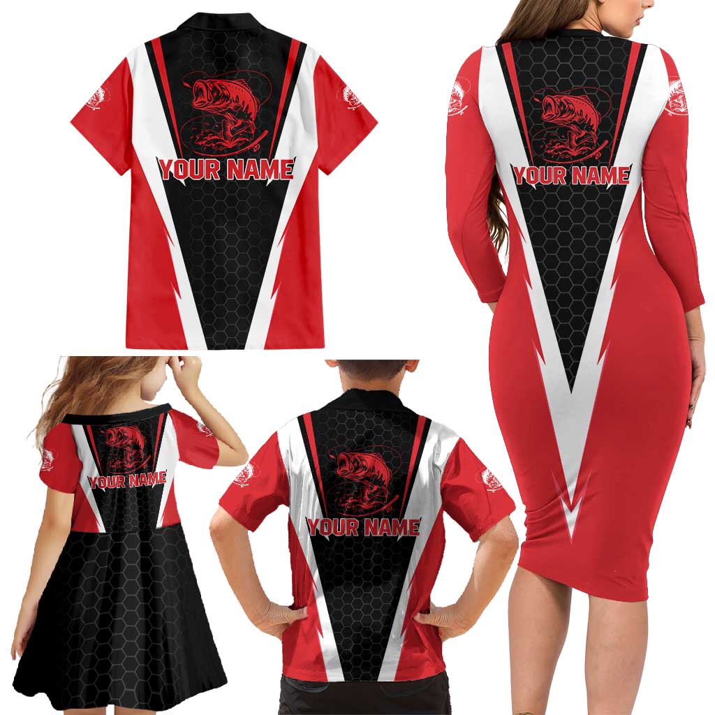 Bass Fishing Personalized Family Matching Long Sleeve Bodycon Dress and Hawaiian Shirt Bold Red and Black Lightning Pattern and Honeycomb Background - Wonder Print Shop