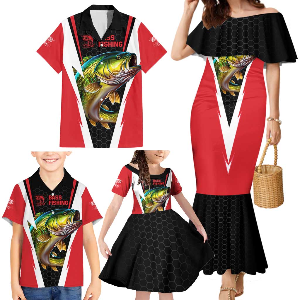 Bass Fishing Personalized Family Matching Mermaid Dress and Hawaiian Shirt Bold Red and Black Lightning Pattern and Honeycomb Background - Wonder Print Shop