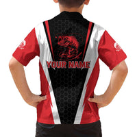 Bass Fishing Personalized Family Matching Off The Shoulder Long Sleeve Dress and Hawaiian Shirt Bold Red and Black Lightning Pattern and Honeycomb Background - Wonder Print Shop