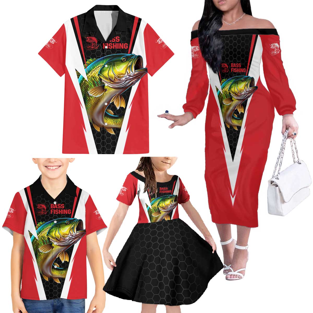 Bass Fishing Personalized Family Matching Off The Shoulder Long Sleeve Dress and Hawaiian Shirt Bold Red and Black Lightning Pattern and Honeycomb Background - Wonder Print Shop