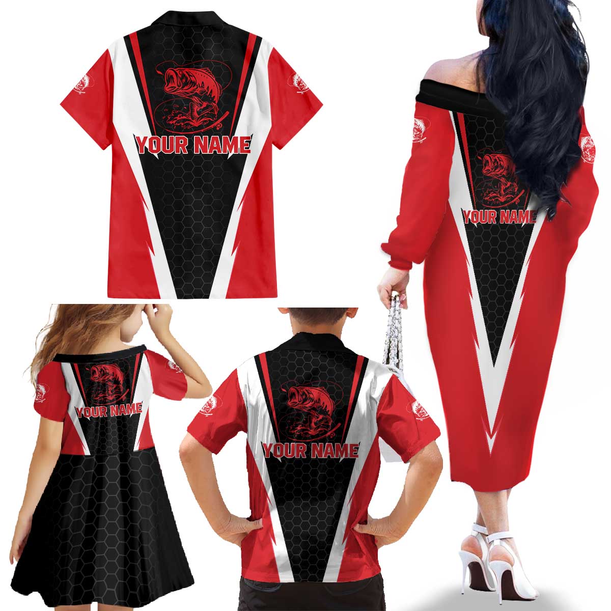 Bass Fishing Personalized Family Matching Off The Shoulder Long Sleeve Dress and Hawaiian Shirt Bold Red and Black Lightning Pattern and Honeycomb Background - Wonder Print Shop