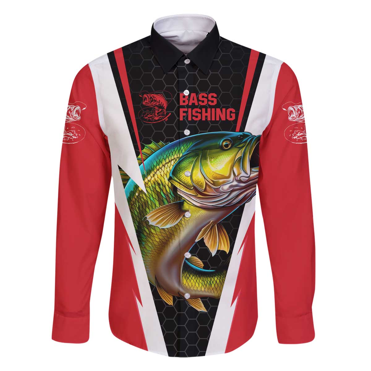 Bass Fishing Personalized Family Matching Off The Shoulder Long Sleeve Dress and Hawaiian Shirt Bold Red and Black Lightning Pattern and Honeycomb Background - Wonder Print Shop