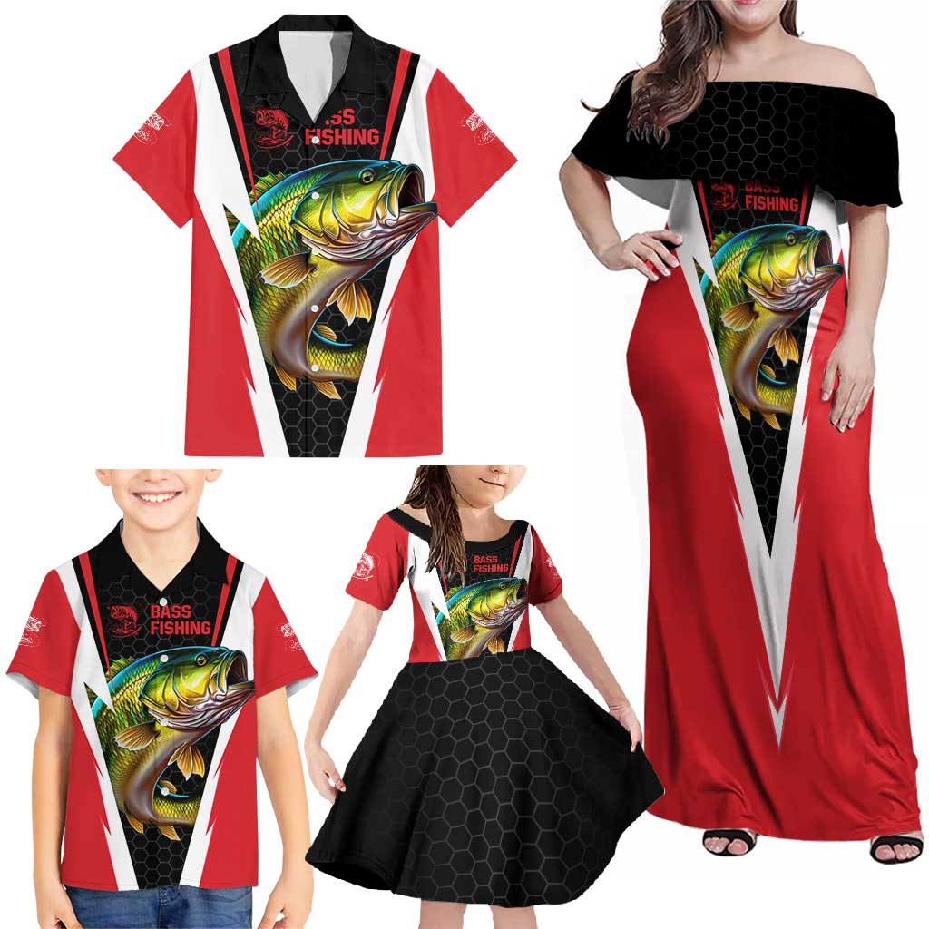 Bass Fishing Personalized Family Matching Off Shoulder Maxi Dress and Hawaiian Shirt Bold Red and Black Lightning Pattern and Honeycomb Background - Wonder Print Shop