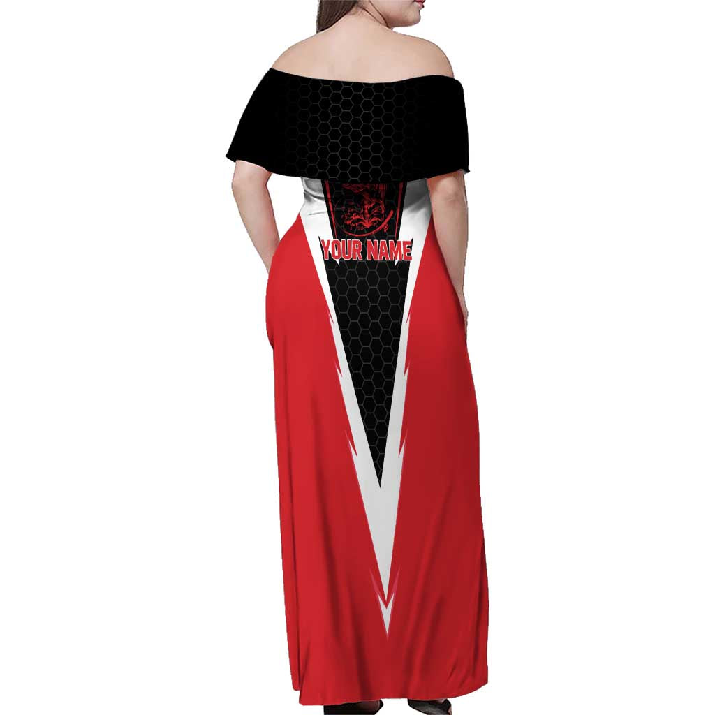Bass Fishing Personalized Family Matching Off Shoulder Maxi Dress and Hawaiian Shirt Bold Red and Black Lightning Pattern and Honeycomb Background - Wonder Print Shop
