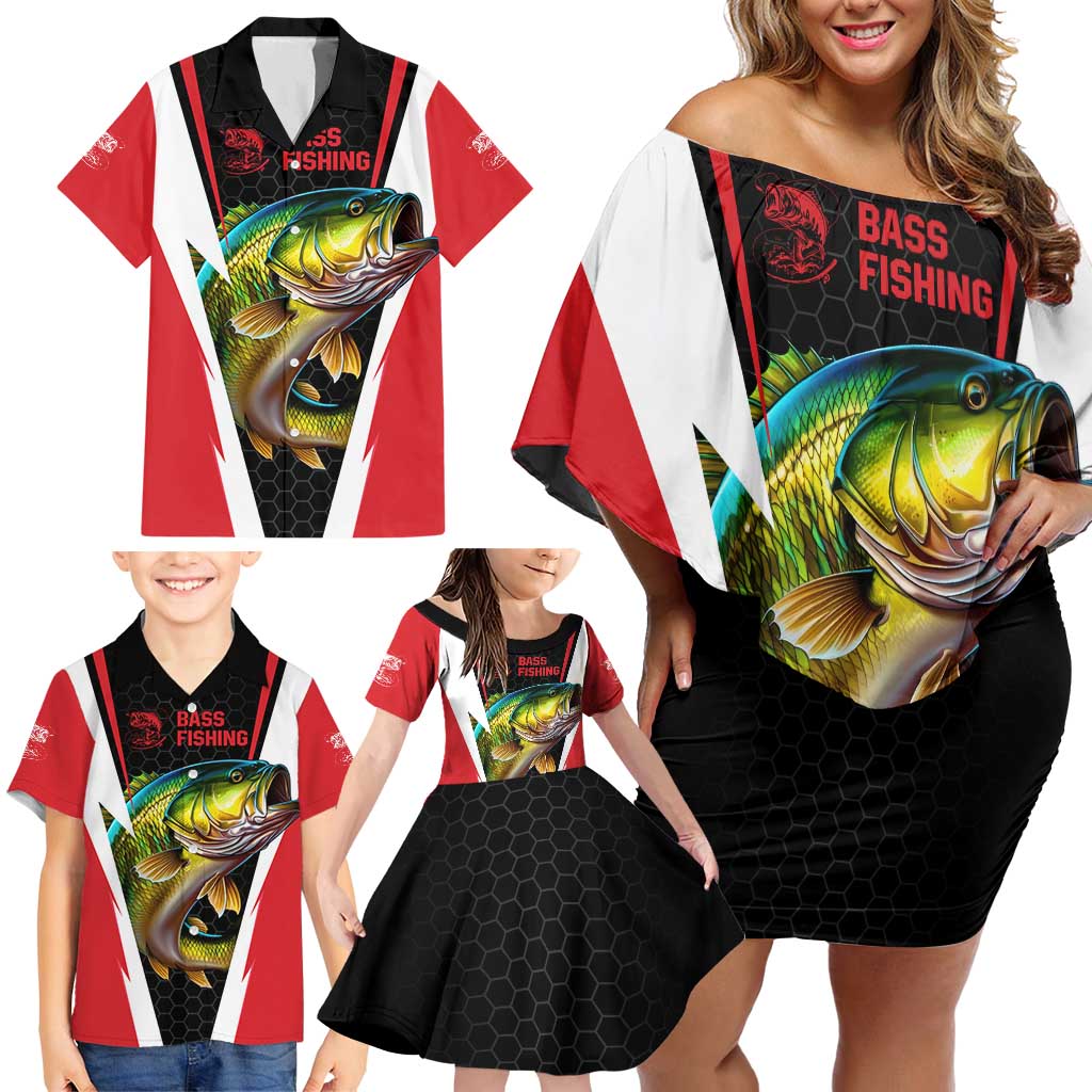 Bass Fishing Personalized Family Matching Off Shoulder Short Dress and Hawaiian Shirt Bold Red and Black Lightning Pattern and Honeycomb Background - Wonder Print Shop
