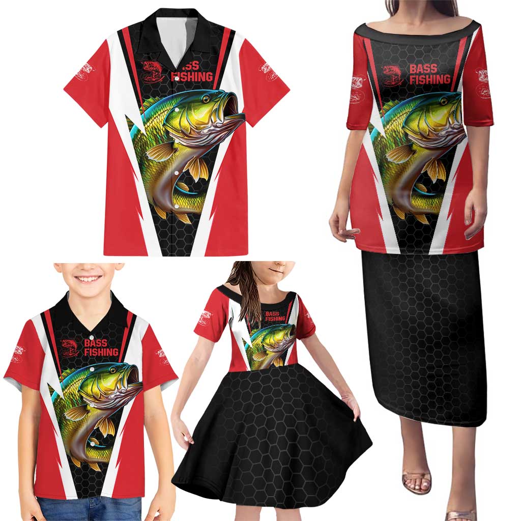 Bass Fishing Personalized Family Matching Puletasi and Hawaiian Shirt Bold Red and Black Lightning Pattern and Honeycomb Background - Wonder Print Shop