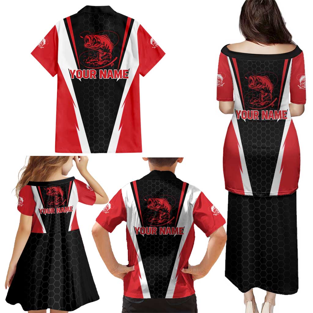 Bass Fishing Personalized Family Matching Puletasi and Hawaiian Shirt Bold Red and Black Lightning Pattern and Honeycomb Background - Wonder Print Shop