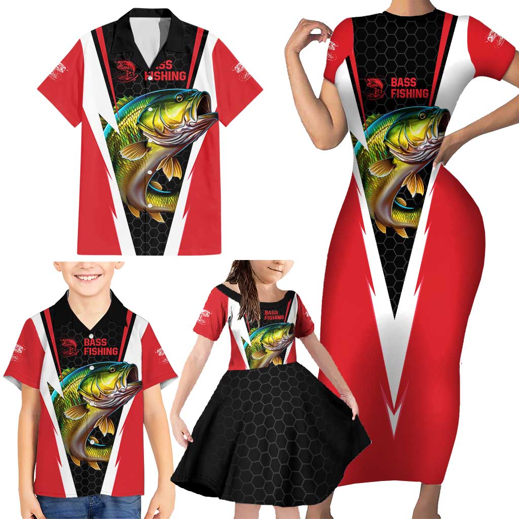 Bass Fishing Personalized Family Matching Short Sleeve Bodycon Dress and Hawaiian Shirt Bold Red and Black Lightning Pattern and Honeycomb Background - Wonder Print Shop