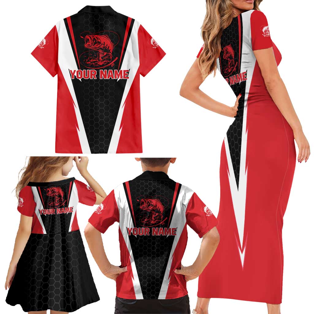 Bass Fishing Personalized Family Matching Short Sleeve Bodycon Dress and Hawaiian Shirt Bold Red and Black Lightning Pattern and Honeycomb Background - Wonder Print Shop