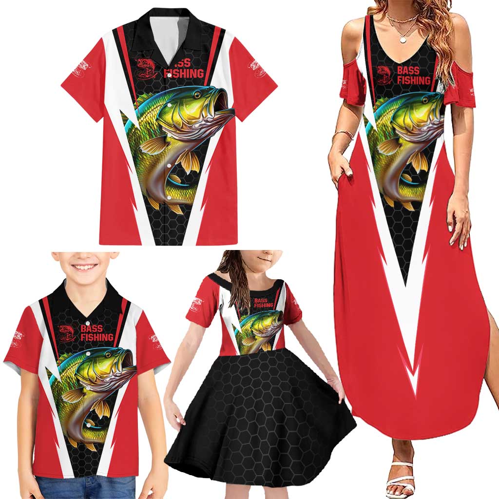 Bass Fishing Personalized Family Matching Summer Maxi Dress and Hawaiian Shirt Bold Red and Black Lightning Pattern and Honeycomb Background - Wonder Print Shop