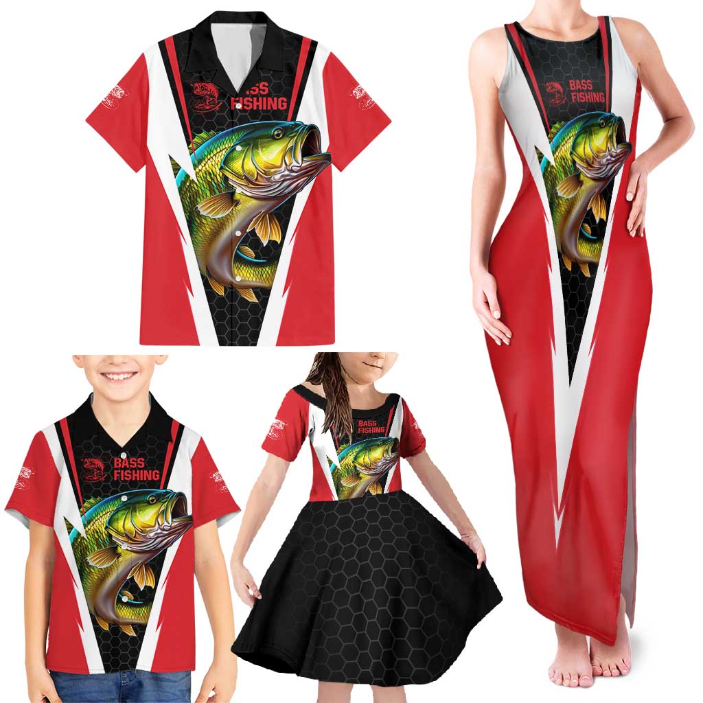 Bass Fishing Personalized Family Matching Tank Maxi Dress and Hawaiian Shirt Bold Red and Black Lightning Pattern and Honeycomb Background - Wonder Print Shop