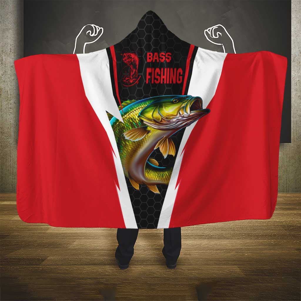 Bass Fishing Personalized Hooded Blanket Bold Red and Black Lightning Pattern and Honeycomb Background - Wonder Print Shop