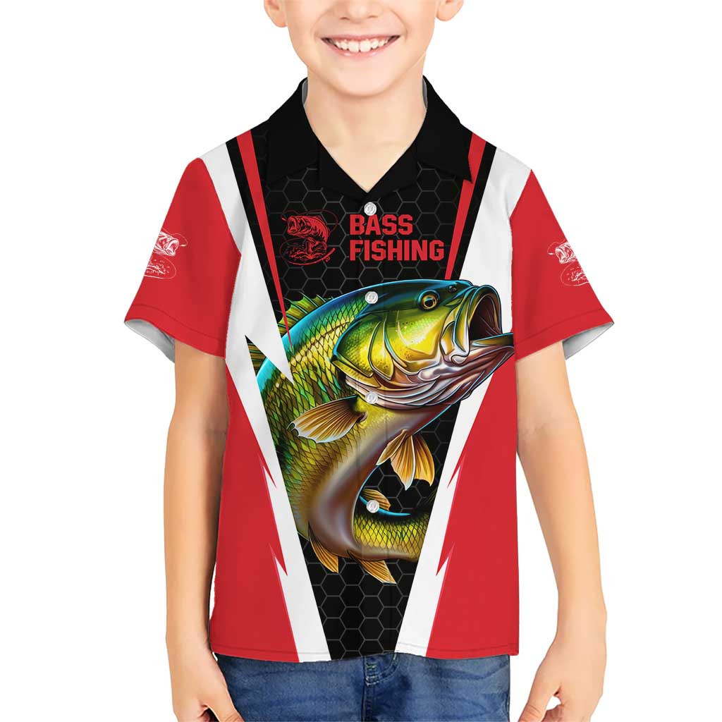Bass Fishing Personalized Kid Hawaiian Shirt Bold Red and Black Lightning Pattern and Honeycomb Background - Wonder Print Shop