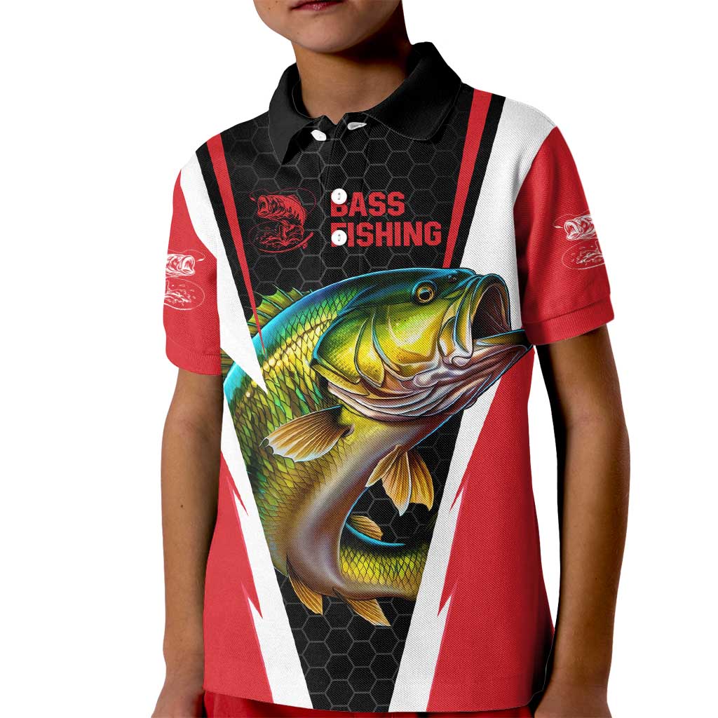 Bass Fishing Personalized Kid Polo Shirt Bold Red and Black Lightning Pattern and Honeycomb Background - Wonder Print Shop