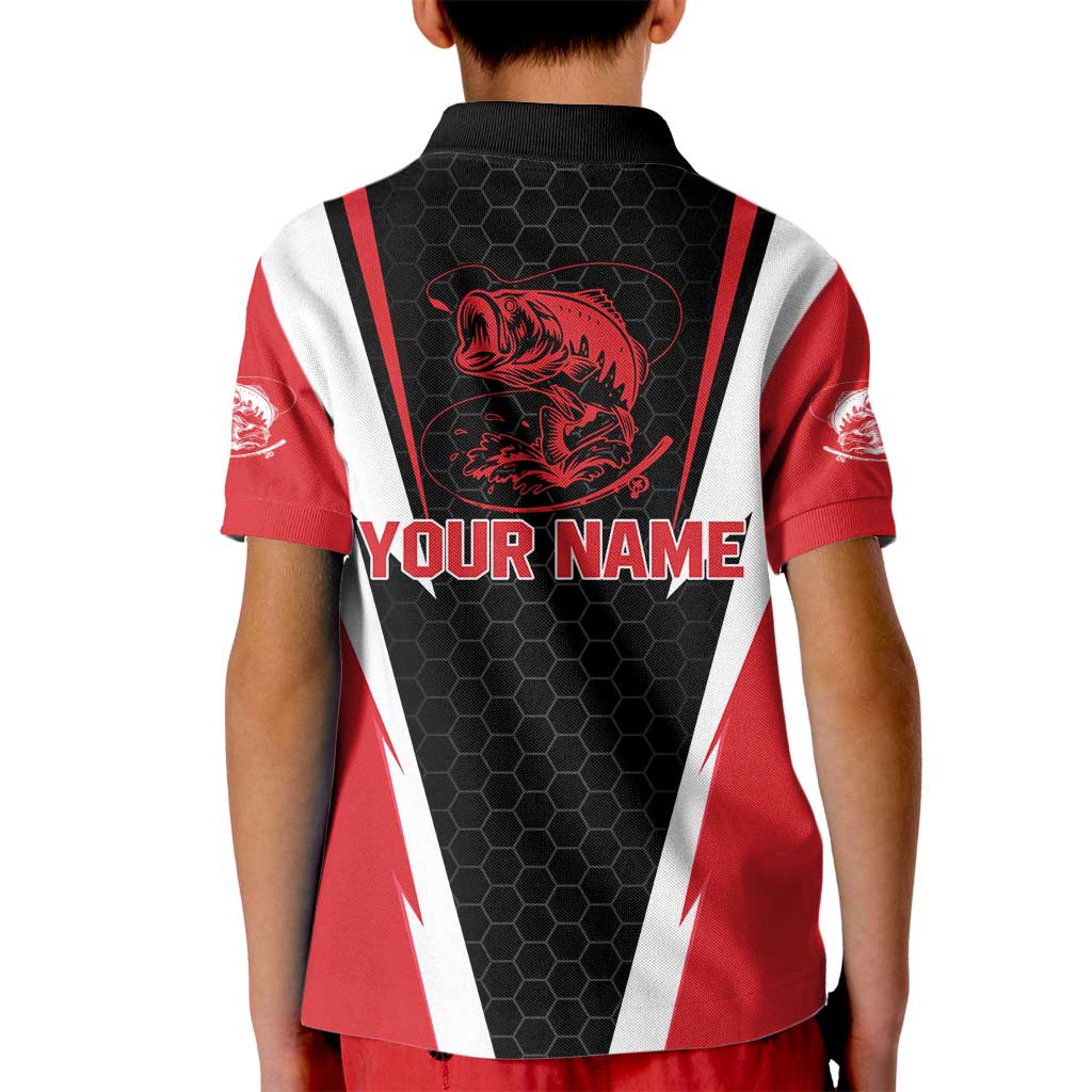Bass Fishing Personalized Kid Polo Shirt Bold Red and Black Lightning Pattern and Honeycomb Background - Wonder Print Shop